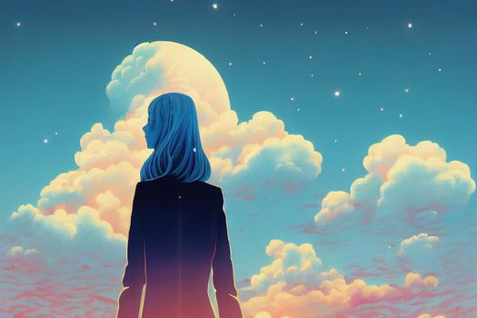 surreal illustration of a woman with her head hidden by a tv projecting a sky. High quality 3d illustration