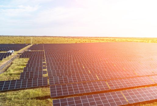 Aerial top view of a solar panels power plant. Photovoltaic solar panels at sunrise and sunset in countryside from above. Modern technology, climate care, earth saving, renewable energy concept
