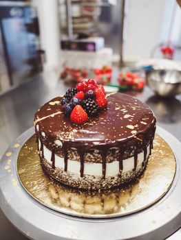 hand of chef toppig a choco cake with gold and berries in the lab