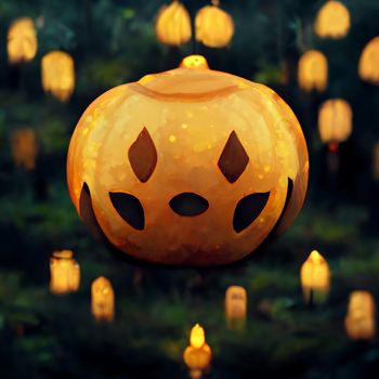 A large orange pumpkin lies on the grass and lanterns burn in a  the forest