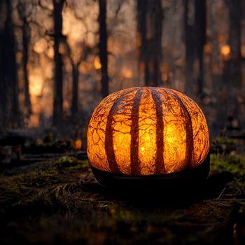 A large orange pumpkin lies on the grass and lanterns burn in a  the forest