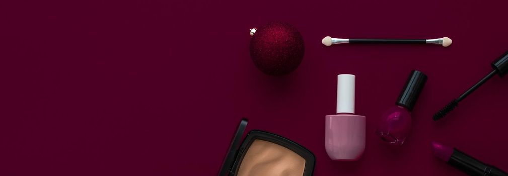 Cosmetic branding, fashion blog cover and girly glamour concept - Make-up and cosmetics product set for beauty brand Christmas sale promotion, luxury burgundy flatlay background as holiday design