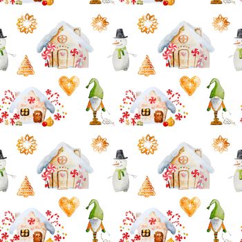 Christmas gingerbread house with sleg, snowman and Santa elf seamless pattern. New Year xmas festive decoration