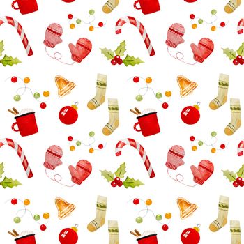 Christmas drawings watercolor seamless pattern with mug, xmas lollipop and mittens. New Year festive paintings for decoration