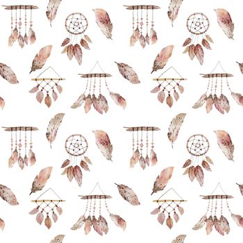 Dream catcher watercolor drawings with indian feather, rainbow and moon in boho style seamless pattern. Sleep symbols collection with aztec ornaments