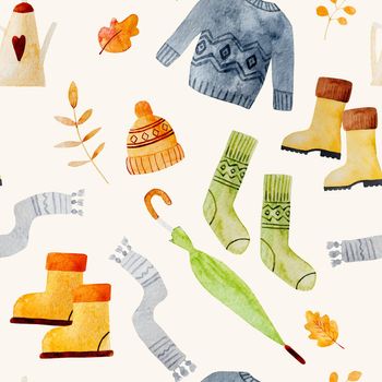 Autumn aquarelle paintings with fall clothes as sweater, hat and socks collection. Seasonal watercolor drawings with umbrella, boot and scarf