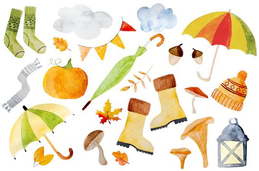 Autumn aquarelle paintings with fumbrella, pumpkin, boot and cloud. Seasonal fall watercolor drawings with leaves, mushroom and hat