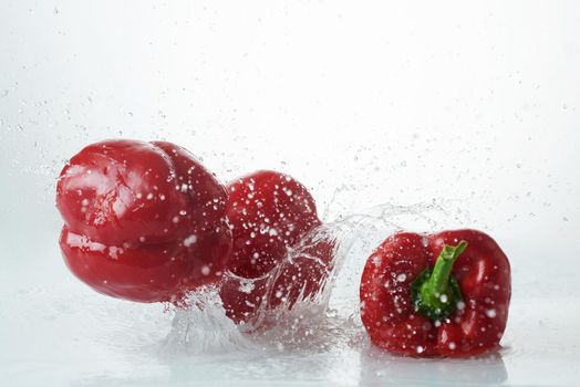 Fresh peppers falling into clear water. Fresh red pepper in a splash of water on a white background. 