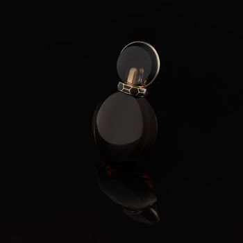 Perfume, cosmetic branding concept - bottle of perfume on black background with mirror reflection, minimalist style. Eau de parfum, luxury beauty brand 