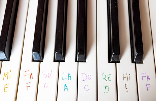 close-up of piano keys black and white. They drew notes on the piano with a felt-tip pen to teach children music The concept of teaching music at school, beginners, the correct positioning of the hand