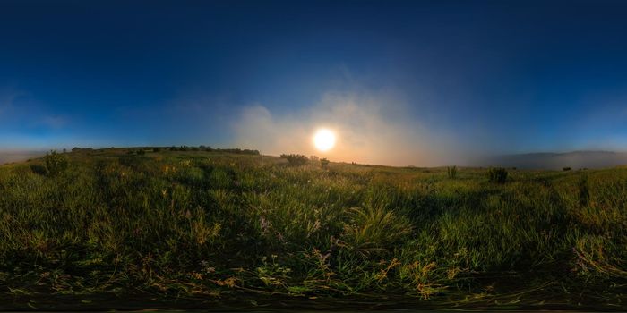 360 by 180 seamless degree full spherical panorama of misty summer morning meadow in eqirectangular projection