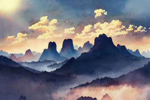 Morning light in the mountains watercolor landscape. High quality 3d illustration