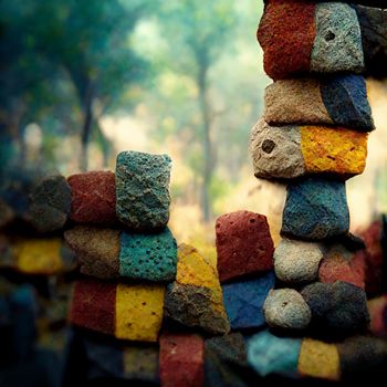 A wall of multi-colored stones against the backdrop of a the tropical forest