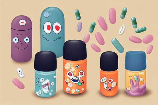 Cartoon pills characters, toon 2d style with cute toon eyes.