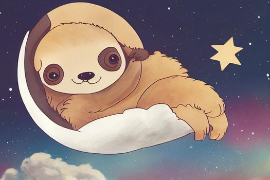 Cute cartoon sloth sleeping hanging on a cloud with stars and crescent moon
