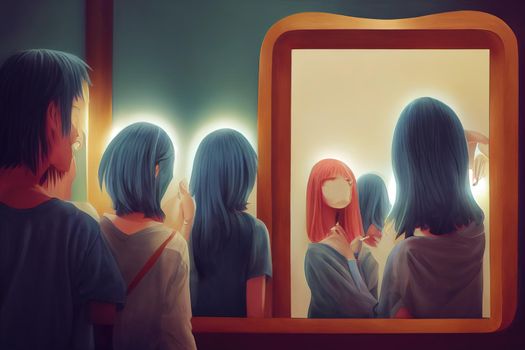 Friends looking in the mirror, 2d cartoon anime style, no face