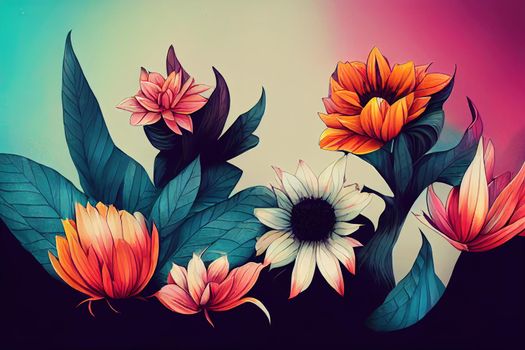 colorful various strange flowers. Trendy hand drawn fictional characters isolated on a dark background