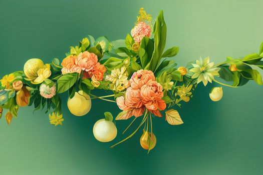 floral arrangement with folk ornaments on green background