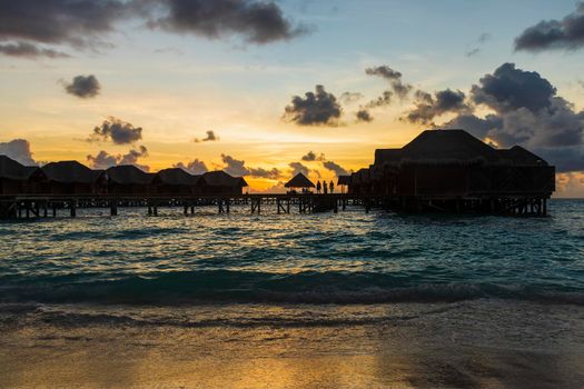 Shot of a over water bungalows on tropical island