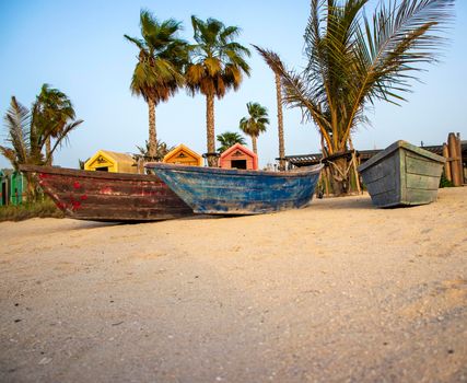 Boats on the La Mer beach in Jumeirah area, Dubai, UAE. Outdoors