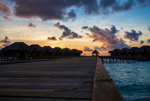 Shot of a over water bungalows on tropical island