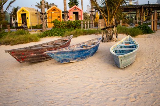 Boats on the La Mer beach in Jumeirah area, Dubai, UAE. Outdoors