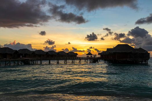 Shot of a over water bungalows on tropical island