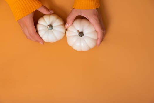 Two small decorative pumpkins in a woman's hands in a sweater top view on an orange background with copy space.