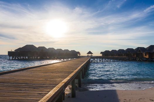 Shot of a over water bungalows on tropical island