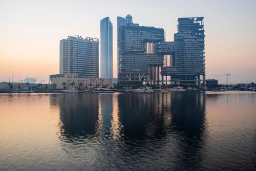 Dubai, UAE - 01.15.2021 Sunrise over a Dubai water canal