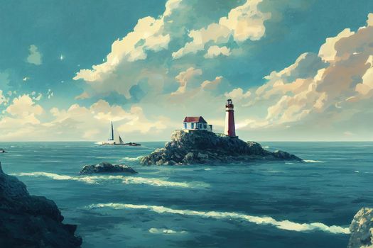 Landscape with blue sea, white sailboats, lighthouse and rock island. High quality 3d illustration