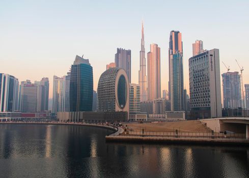 Dubai, UAE - 01.15.2021 Sunrise over a Dubai water canal