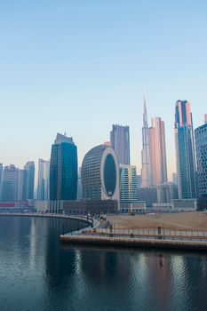 Dubai, UAE - 01.15.2021 Sunrise over a Dubai water canal