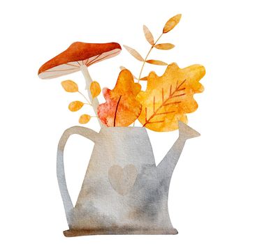 Autumn watercolor drawings with kettle and yellow orange leaves and mushroom bouquet. Aquarelle ilustration with agaric and botanical fall seasonal bouquet