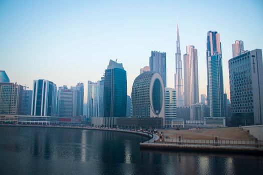 Dubai, UAE - 01.15.2021 Sunrise over a Dubai water canal