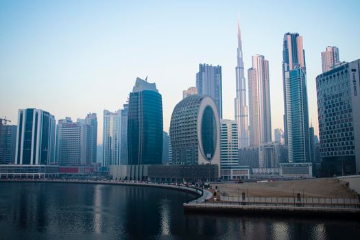 Dubai, UAE - 01.15.2021 Sunrise over a Dubai water canal