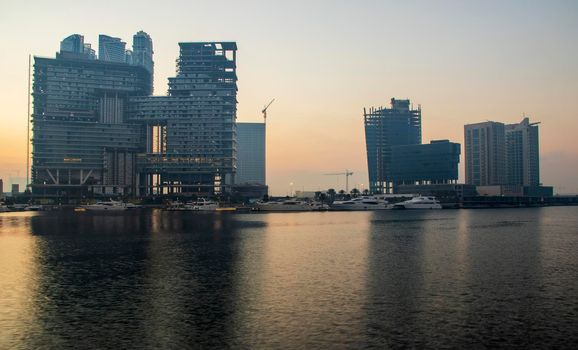 Dubai, UAE - 01.15.2021 Sunrise over a Dubai water canal