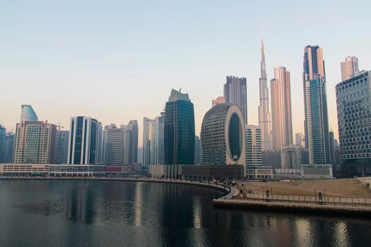 Dubai, UAE - 01.15.2021 Sunrise over a Dubai water canal