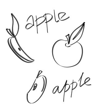 Fruit hand drawn. Fruits. Whole and sliced apple. Apple doodle icon isolated on white background. Set apples fruit sketch illustration with handwritten text.