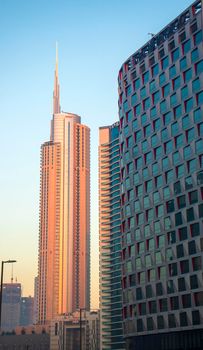 Dubai, UAE - 01.15.2021 Morning hour in Business bay district , Marasi drive. Burj Khalifa, tallest building in the world can be seen in the scene