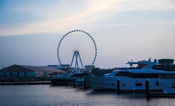 Dubai, UAE - 07.19.2021 View of tallest ferris wheel in the world Ain Dubai from Dubai harbor.