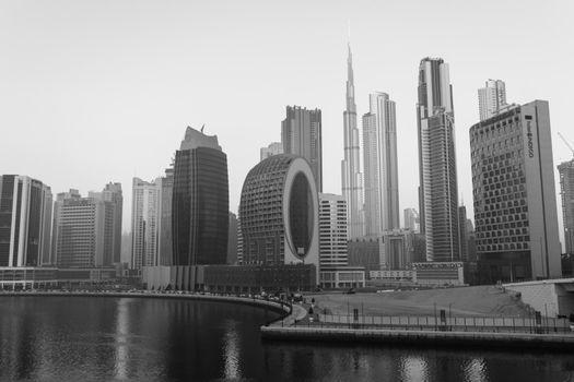 Dubai, UAE - 01.15.2021 Sunrise over a Dubai water canal