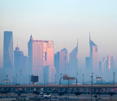 Dubai, UAE - 01.15.2021 Cityscape rising from the fog