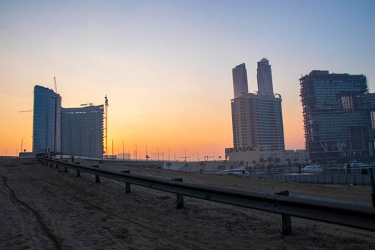 Dubai, UAE - 01.15.2021 Sunrise over a Dubai water canal