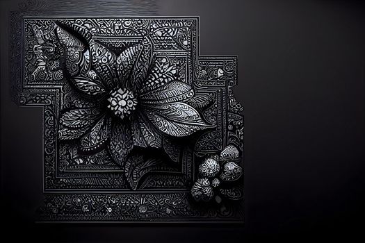 black ornate flower background and grim gothic wallpaper, neural network generated art. Digitally generated image. Not based on any actual scene or pattern.