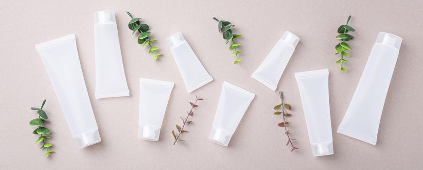 Set of skincare organic beauty product bottles and SPA cosmetic blank white matte containers with green plant leaves eucalyptus on gray clean background from above, flat lay mockup