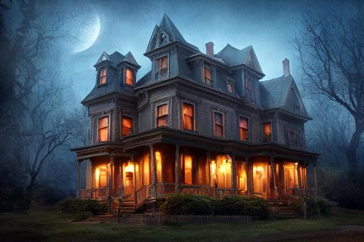 Halloween American Victorian Spooky House. Digital art background
