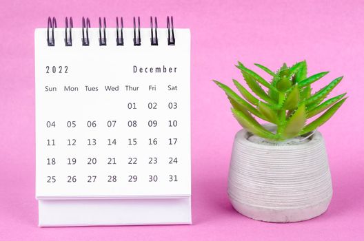 December 2022 Monthly desk calendar for 2022 year with plant pot on pink background.