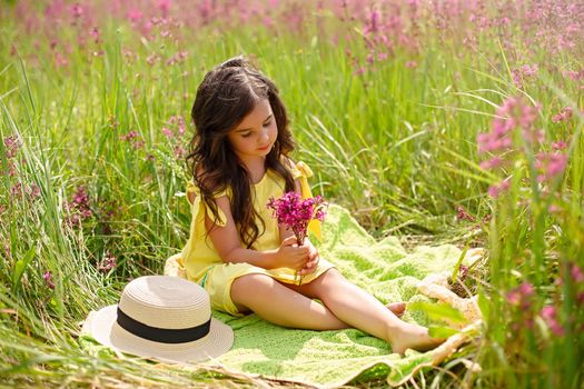 A beautiful little girl 4-5 years old, with long dark hair, sits on a green knitted plaid, in a yellow dress sits in a field with grass and burgundy viscaria flowers in summer. copy space