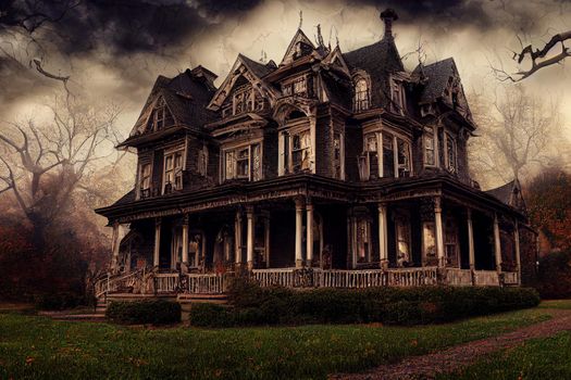 Halloween American Victorian Spooky House. Digital art background